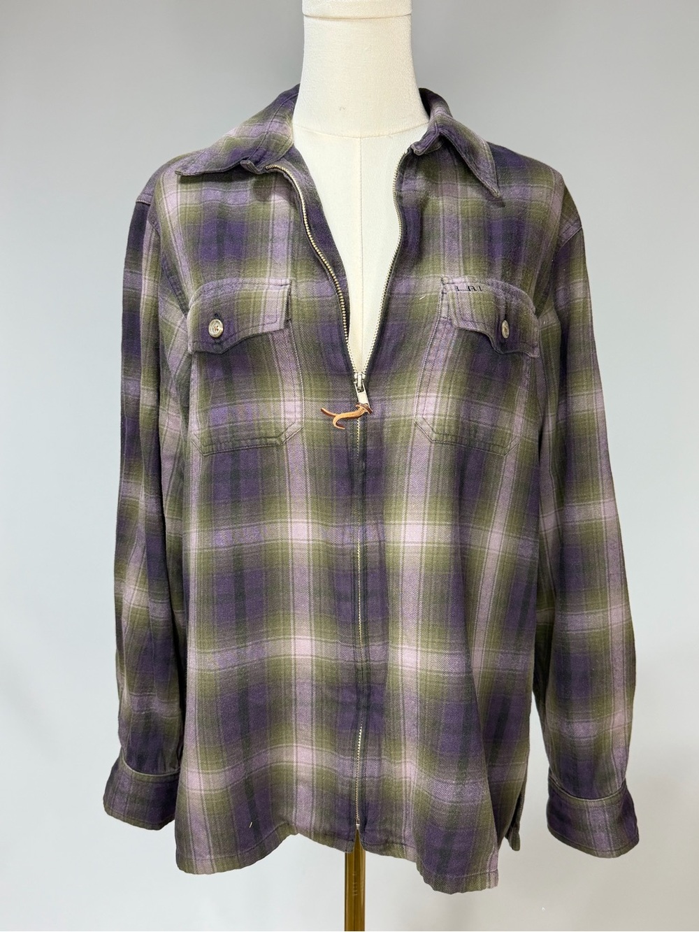 Lauren Ralph Lauren Purple Green Plaid Zip Front Flannel Shirt Jacket M